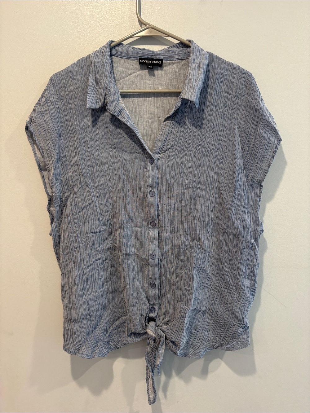 Modern Works Blue Stripe Tie-Front Button Shirt ptp 24 unstretched length 25